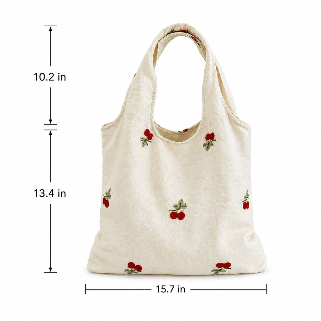 Cherry Embroidered Slouchy Shoulder Tote Bag Soft Lightweight Fabric Everyday Carryall86
