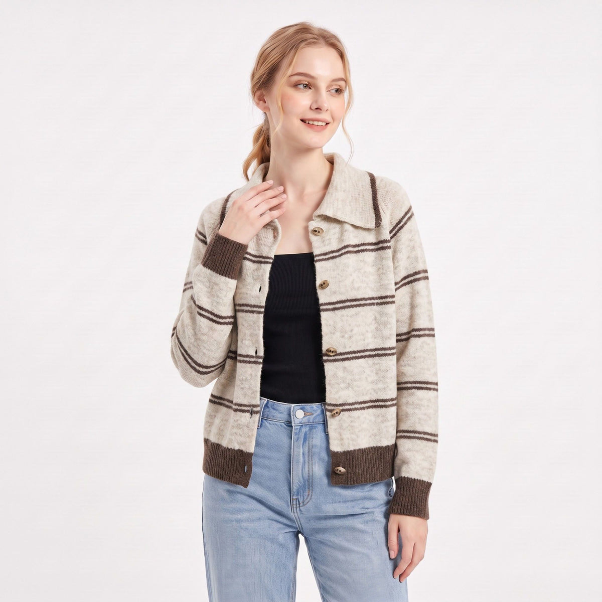 Striped Collared Button-Front Cardigan Sweater