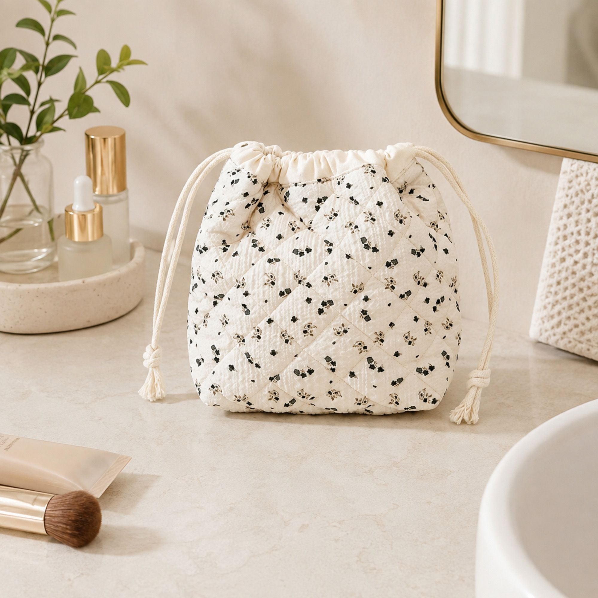 Quilted Drawstring Makeup Bag Large Capacity Portable Cosmetic Organizer Pouch