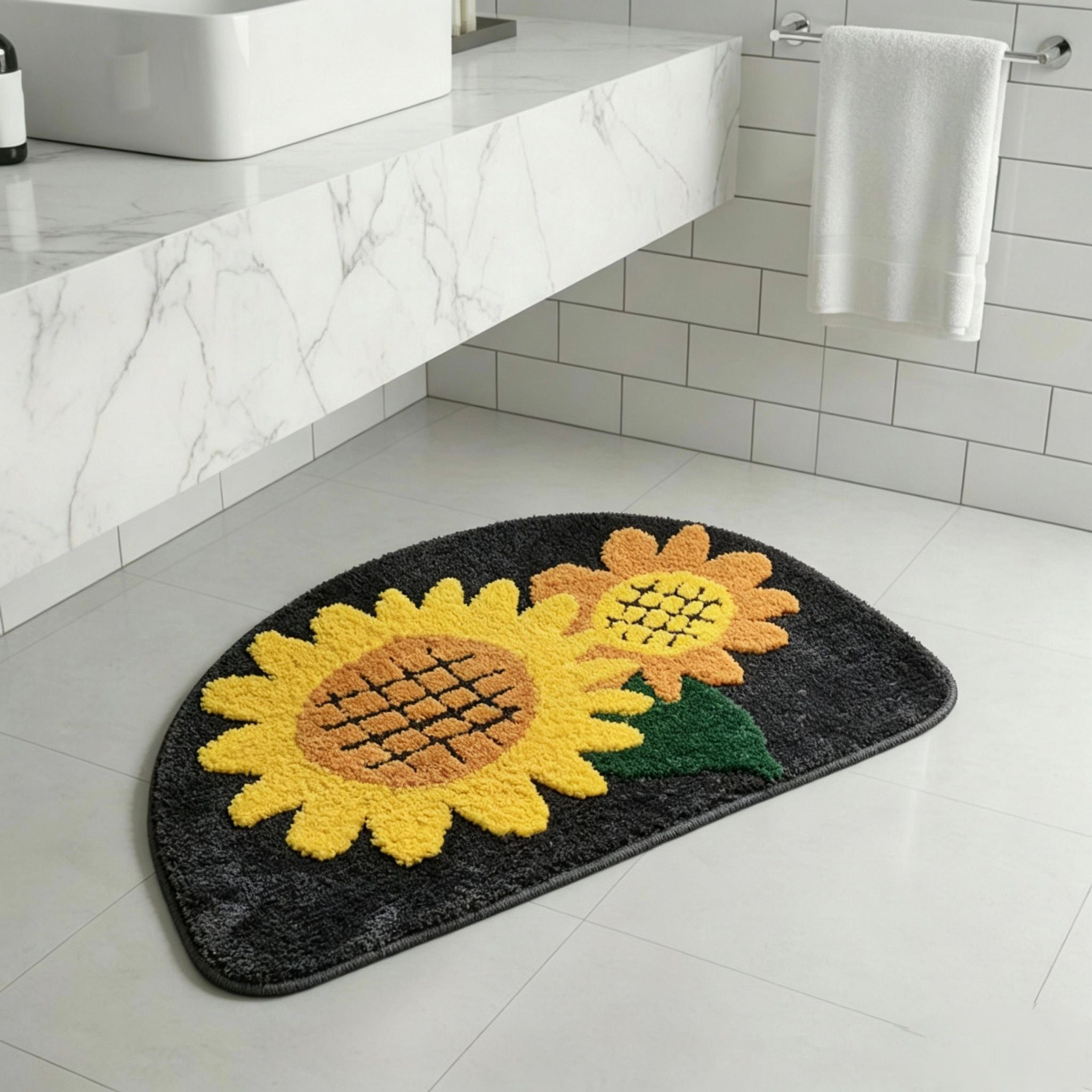 Sunflower Semicircular Bathroom Floor Mat Soft Water?Absorbent Rug with Anti?Slip Base