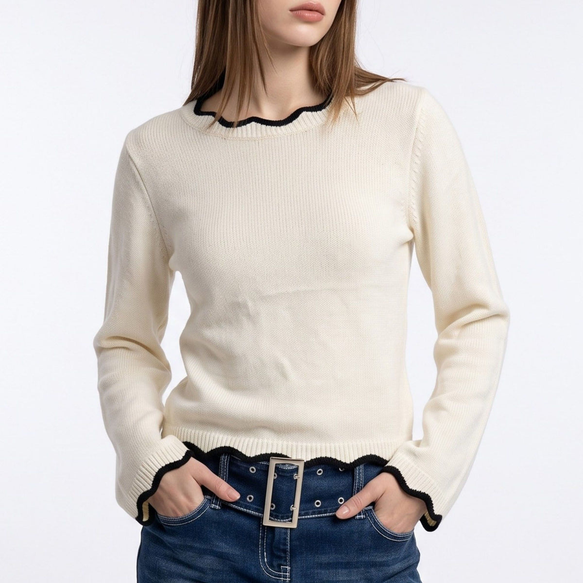 Contrast Scallop Trim Crewneck Knit Sweater
