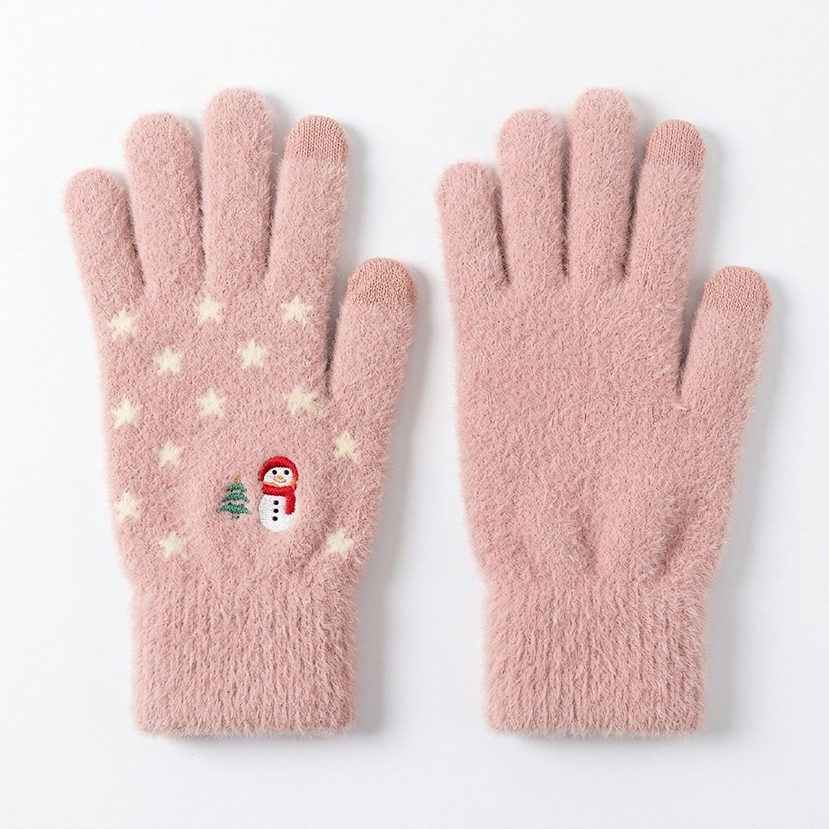 Fuzzy Christmas Touchscreen Gloves with Snowman and Stars