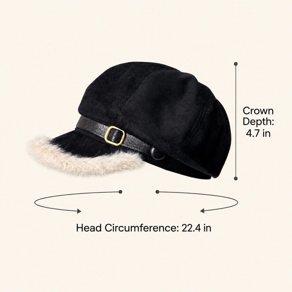 Faux Suede Newsboy Cap with Faux Fur Trim