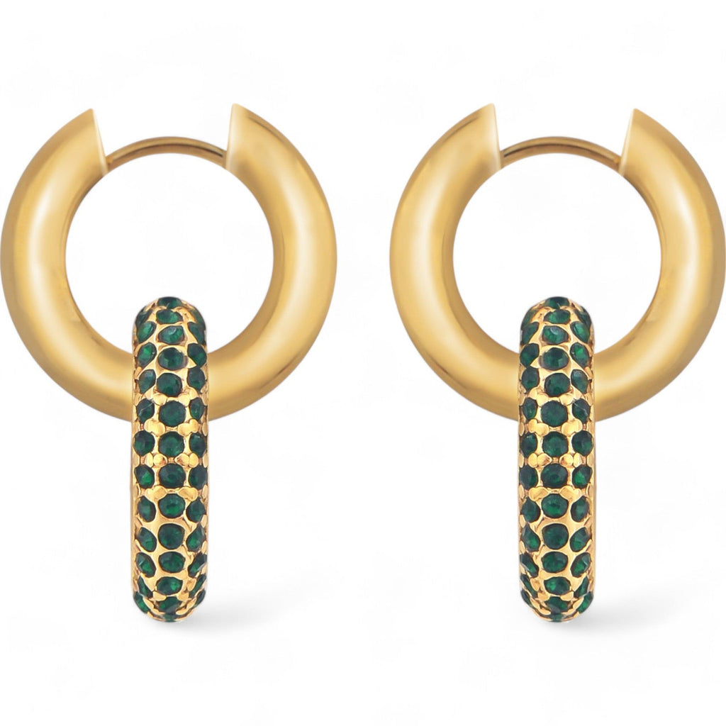 Women's Gold Tone Hoop Earrings with Emerald Green Crystal Encrusted Accent Fashion Ring