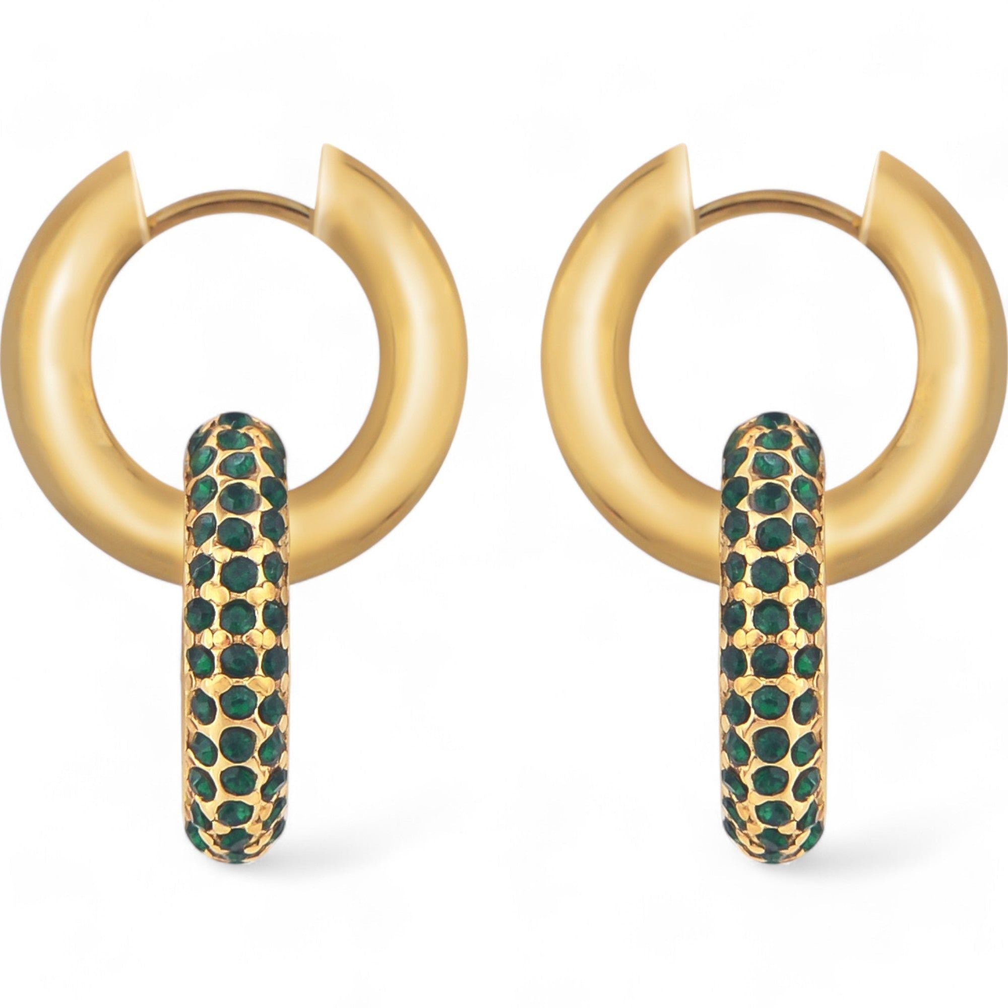 Women's Gold Tone Hoop Earrings with Emerald Green Crystal Encrusted Accent Fashion Ring