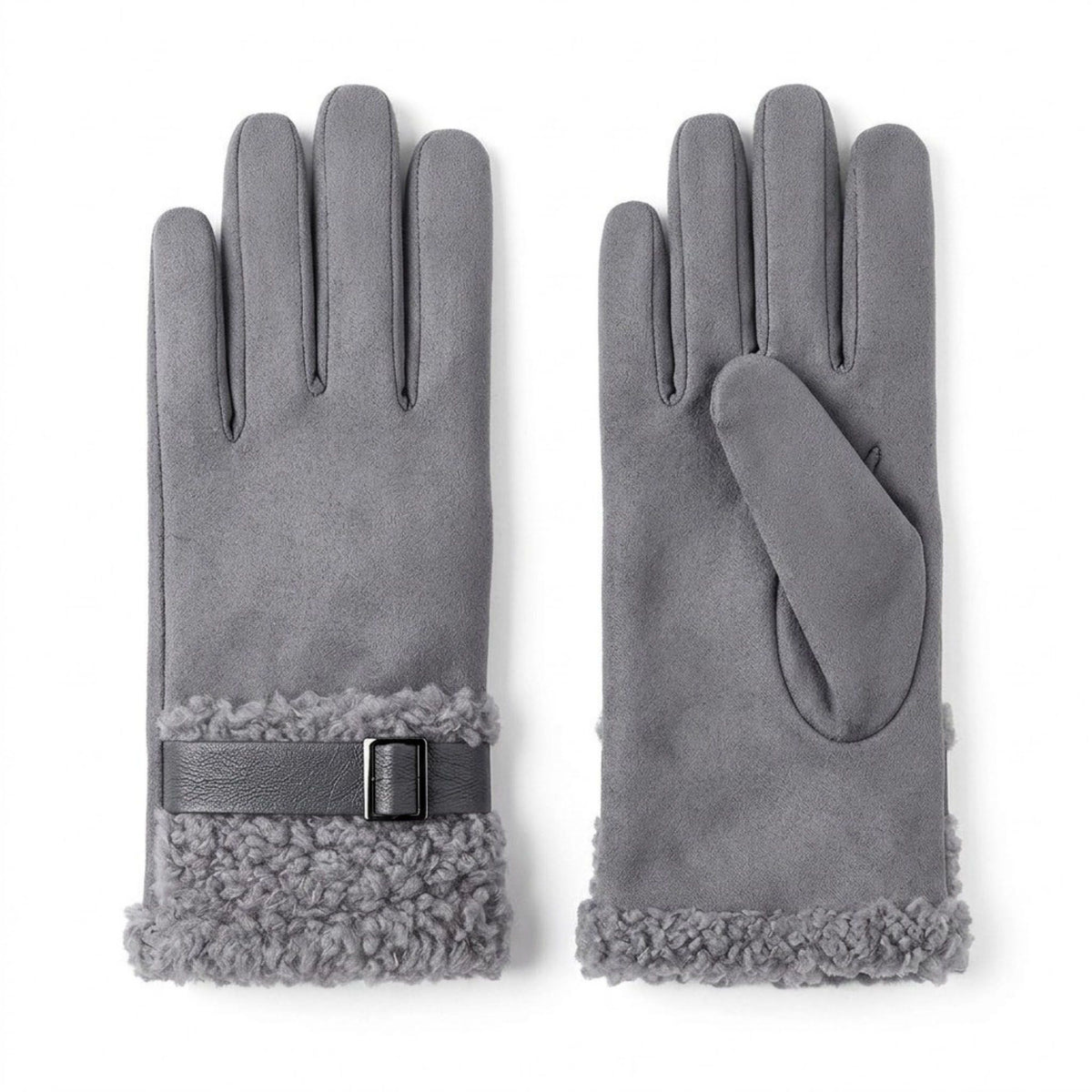 Faux Suede Gloves with Plush Faux Fur Cuffs and Buckle Detail