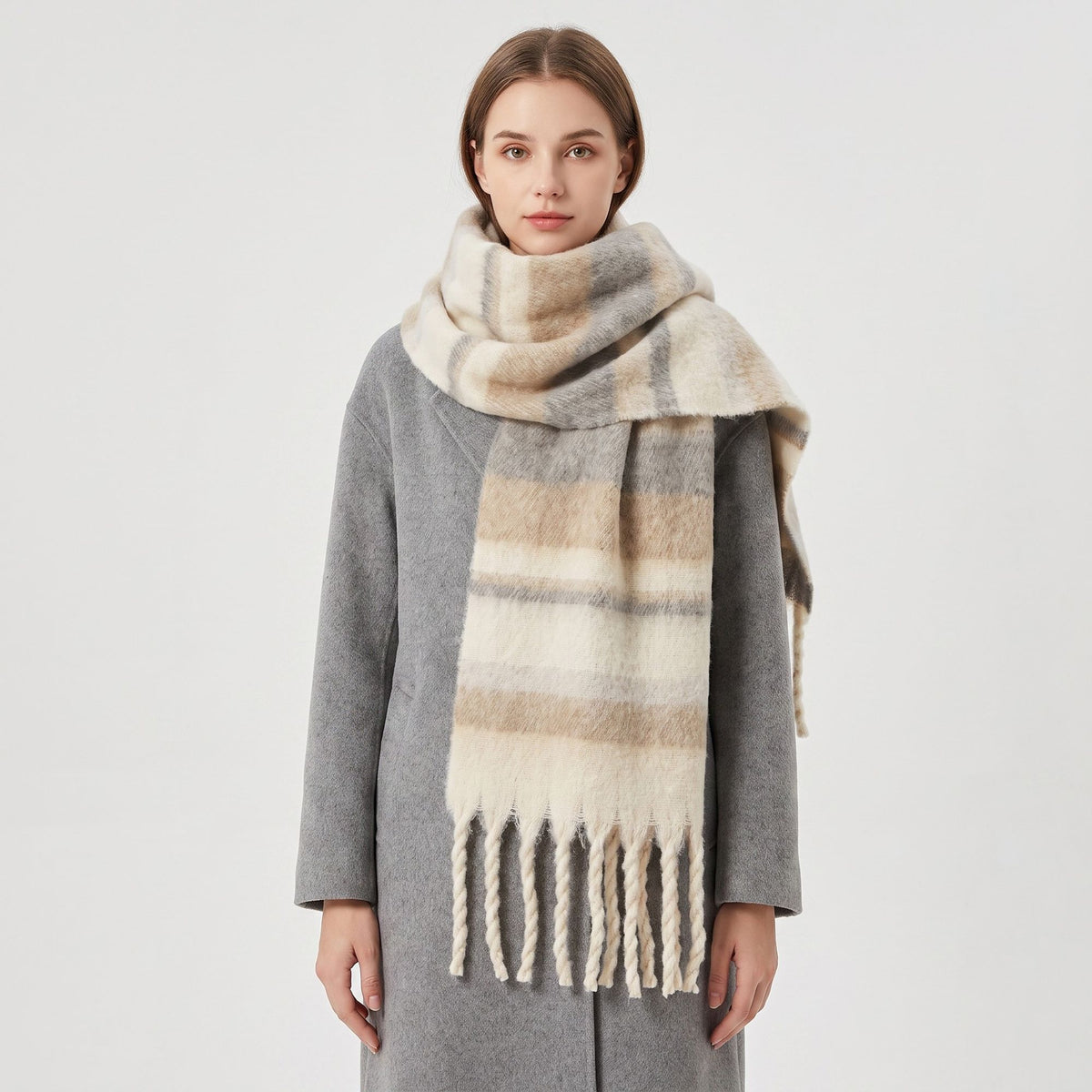 Oversized Plaid Scarf with Fringe Soft Brushed Winter Wrap