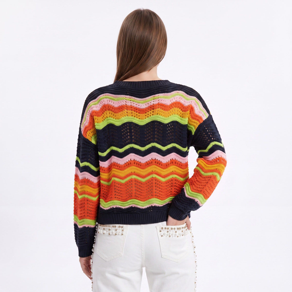Multicolor Wave Stripe Openwork Knit Long Sleeve Pullover Sweater
