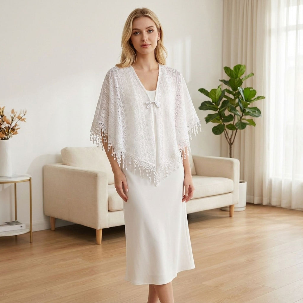 Lace Poncho Cover Up with Fringe Trim and Front Tie