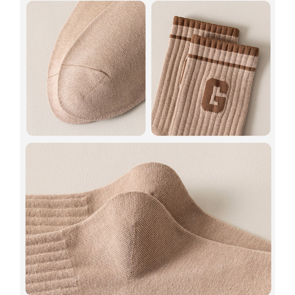 Anna-Kaci Women's 4-Pair Pack Ribbed Cotton Crew Socks with Striped Cuffs and G Letter Detail in Neutral Athletic Color Combinations