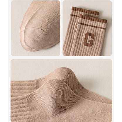 Anna-Kaci Women's 4-Pair Pack Ribbed Cotton Crew Socks with Striped Cuffs and G Letter Detail in Neutral Athletic Color Combinations