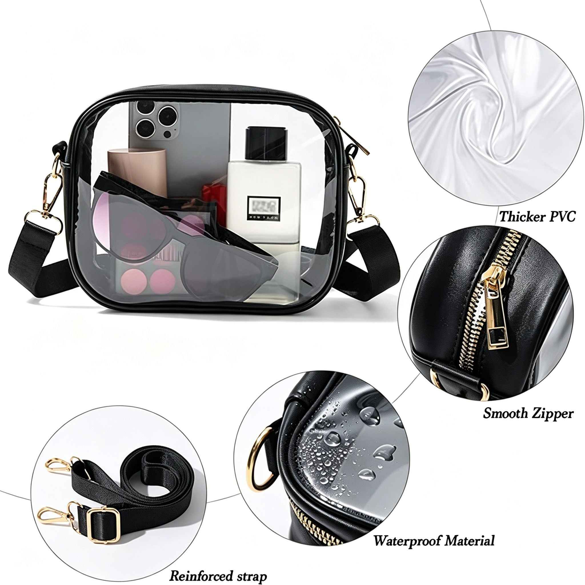 Clear Crossbody Bag with Front Zipper Pocket, Structured Trim and Adjustable Removable Shoulder Strap