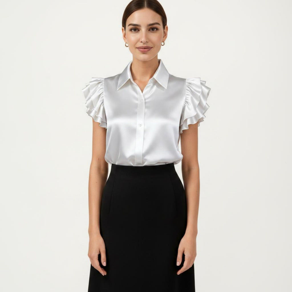 Anna-Kaci Women's Satin Button Down Blouse with Ruffle Sleeves and Collared Neckline