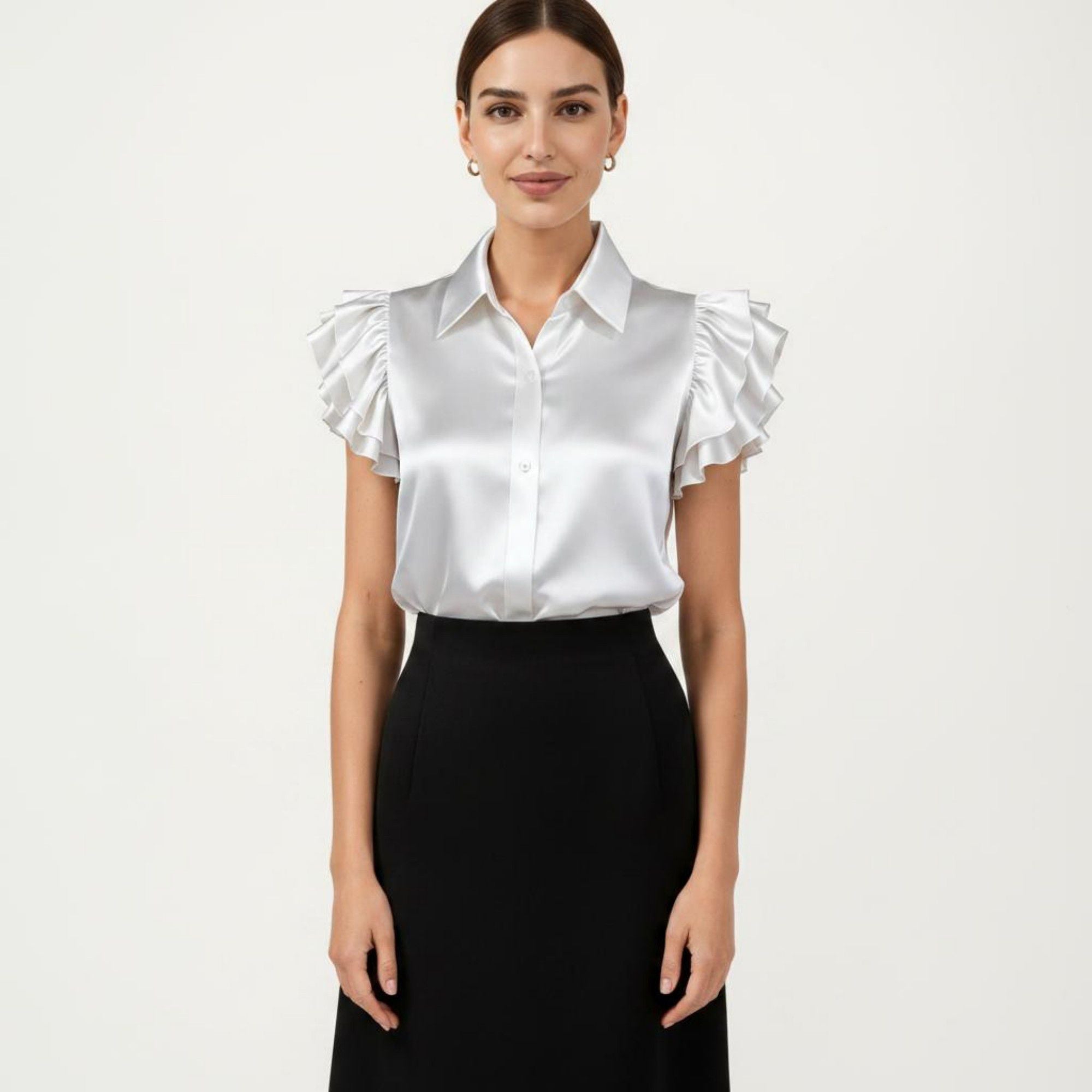 Anna-Kaci Women's Satin Button Down Blouse with Ruffle Sleeves and Collared Neckline
