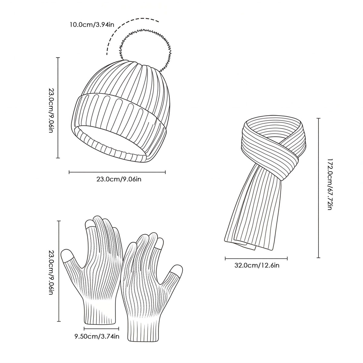 3 Piece Pom Beanie Scarf and Touchscreen Gloves Winter Set