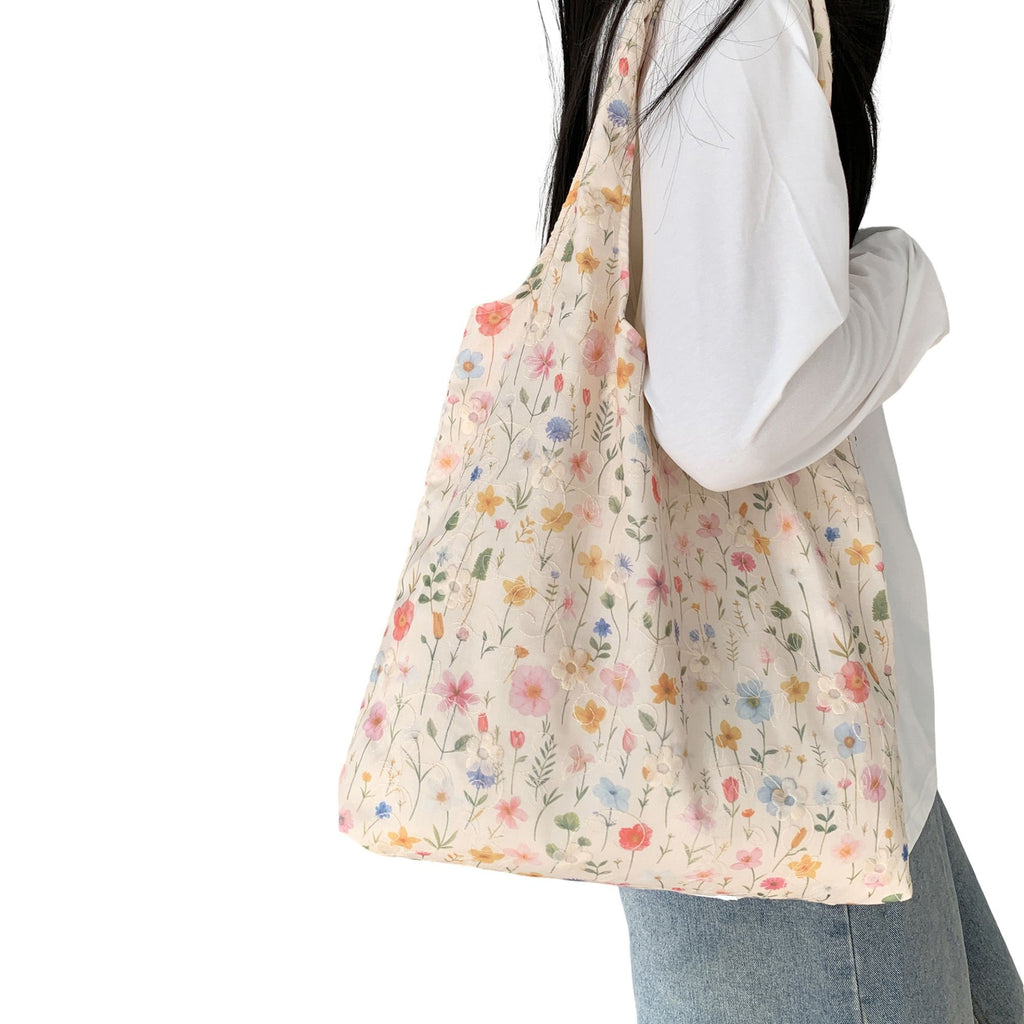 Embroidered Floral Tote Bag for Women, Lightweight Canvas Shoulder Bag for Everyday Use
