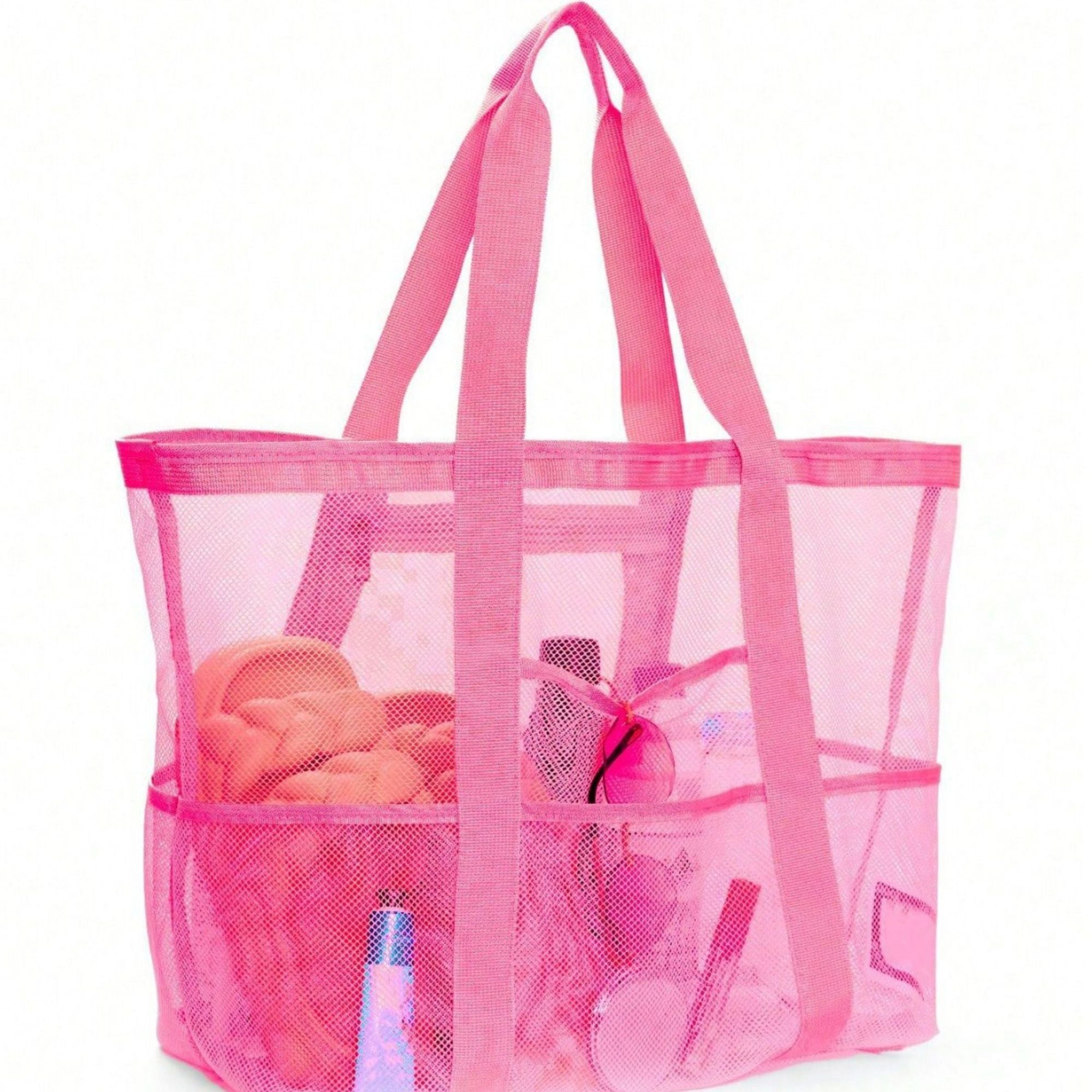 Mesh Beach Tote Bag Large Capacity Travel Shoulder Bag with Exterior Pockets Zipper Top Organizer