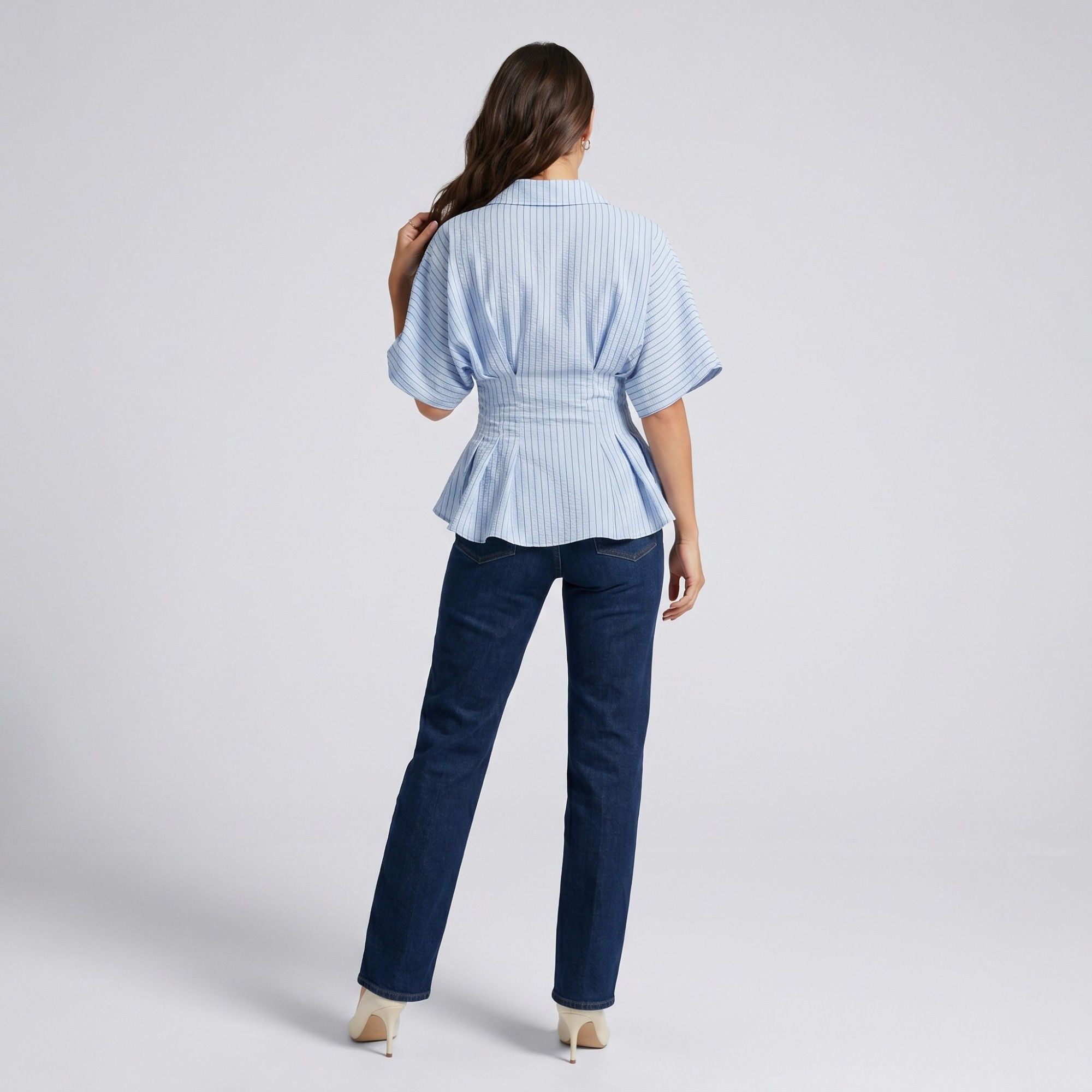 Anna-Kaci Women's Striped Button Front Peplum Blouse with Collared Neck and Pleated Hem