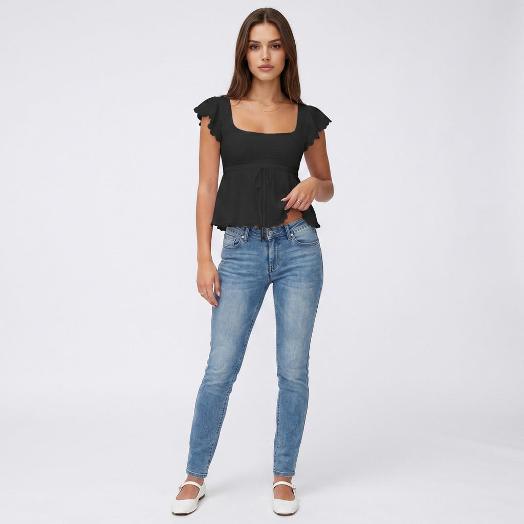 Anna-Kaci Women's Square Neck Peplum Top with Ruffle Sleeves and Front Tie Detail