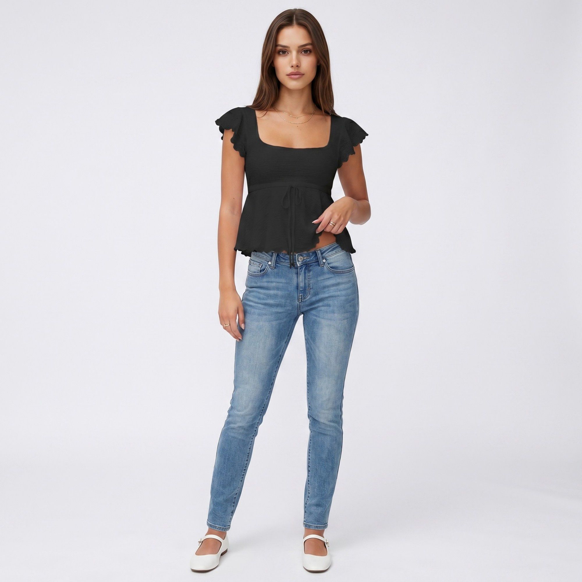 Anna-Kaci Women's Square Neck Peplum Top with Ruffle Sleeves and Front Tie Detail