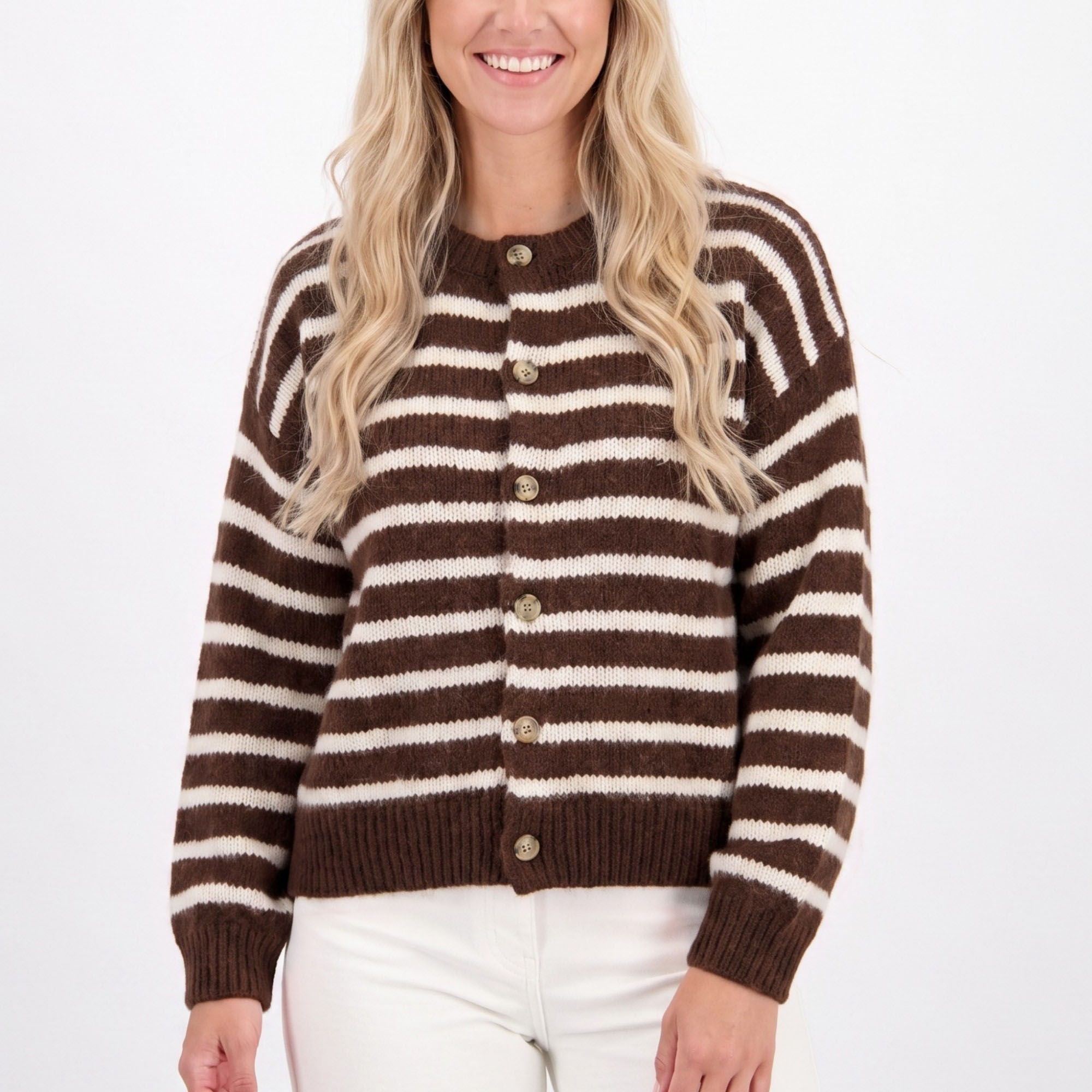 Striped Button-Front Crew Neck Knit Cardigan