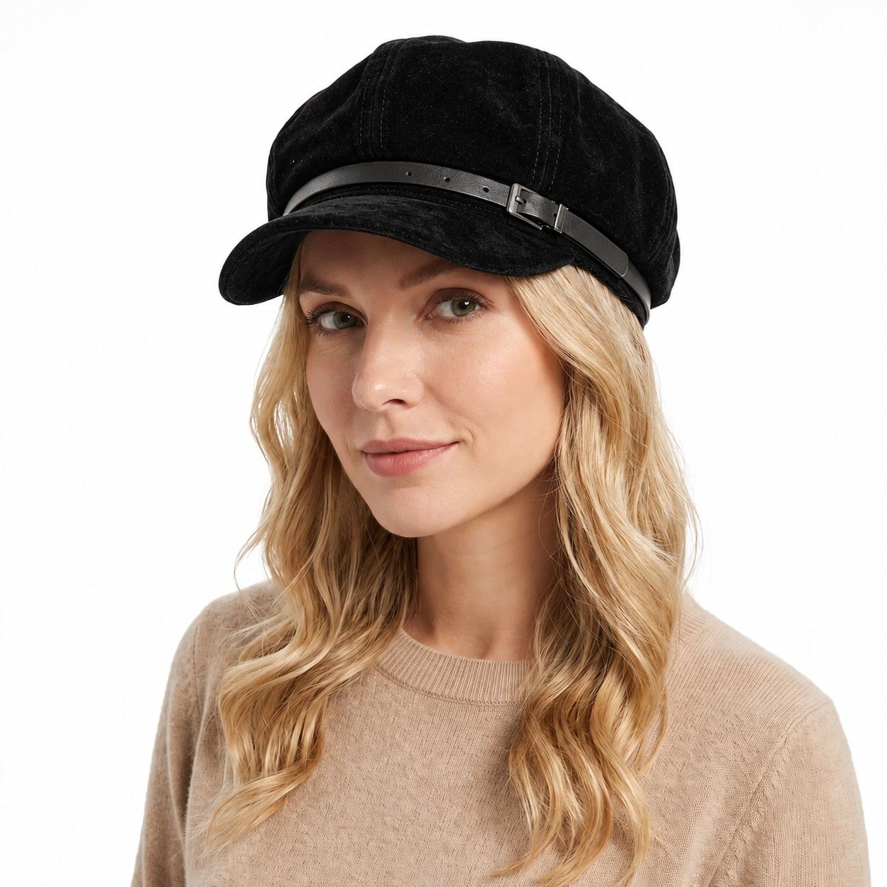 Faux Suede Newsboy Cap Vintage Baker Boy Hat with Buckle Band