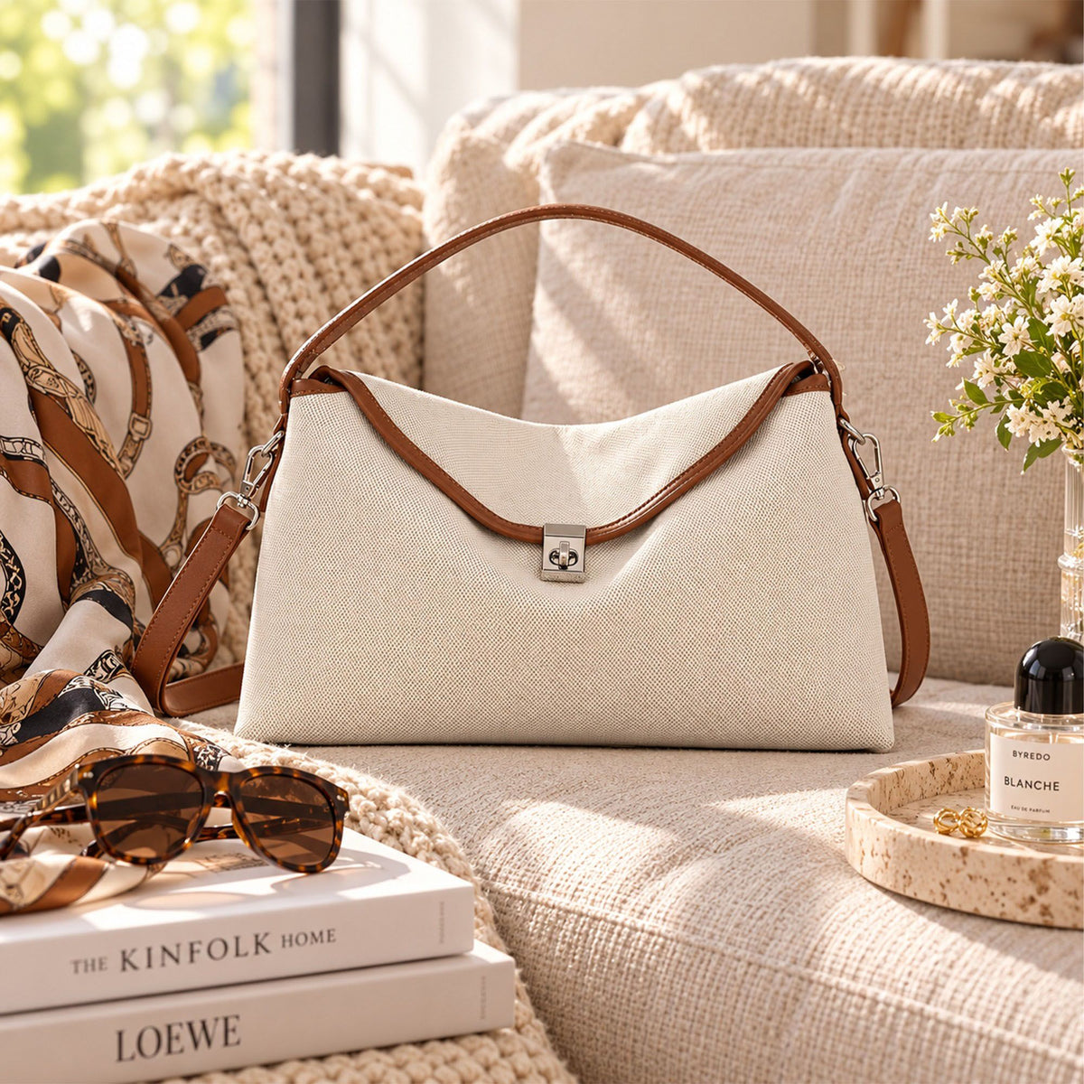 Structured Shoulder Bag with Top Handle Turn Lock and Crossbody Strap