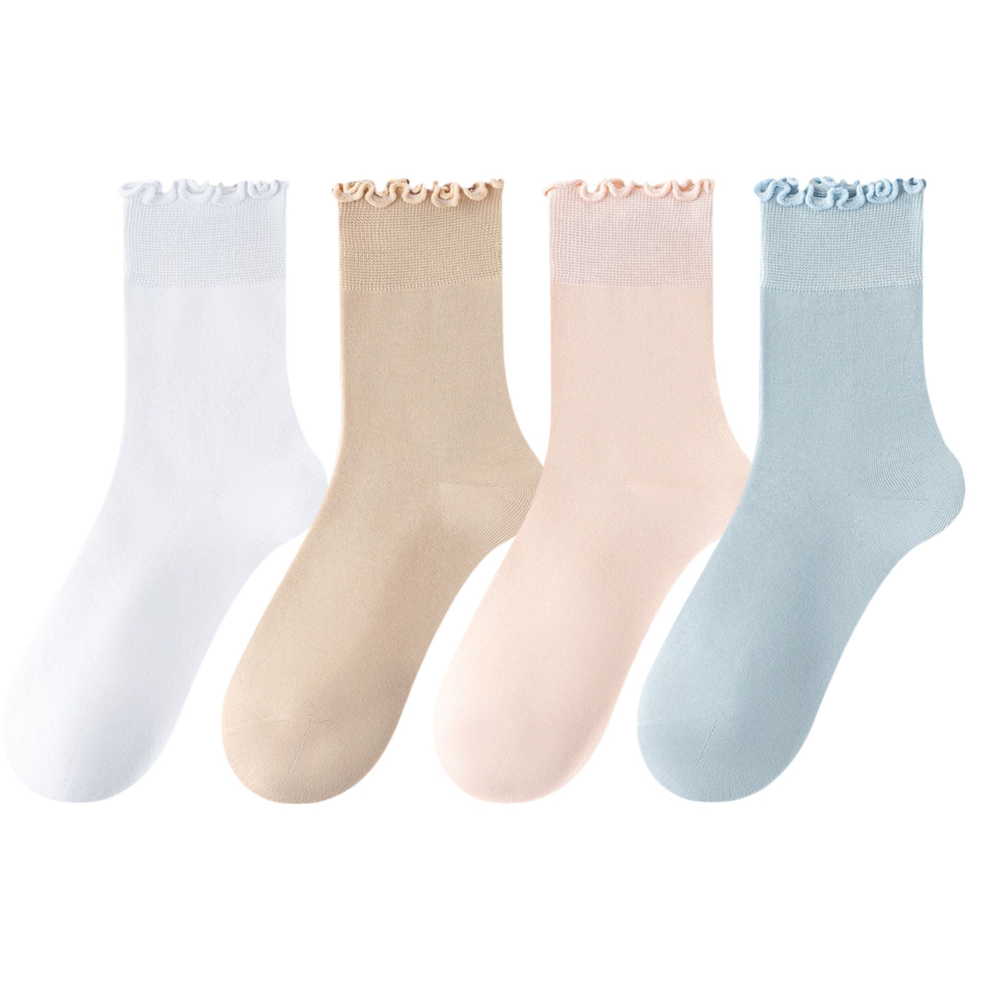 Anna-Kaci 4 Pairs Women's Ruffle Edge Crew Socks Soft Stretch Cotton Blend with High Elastic Cuffs in Assorted Solid Colors