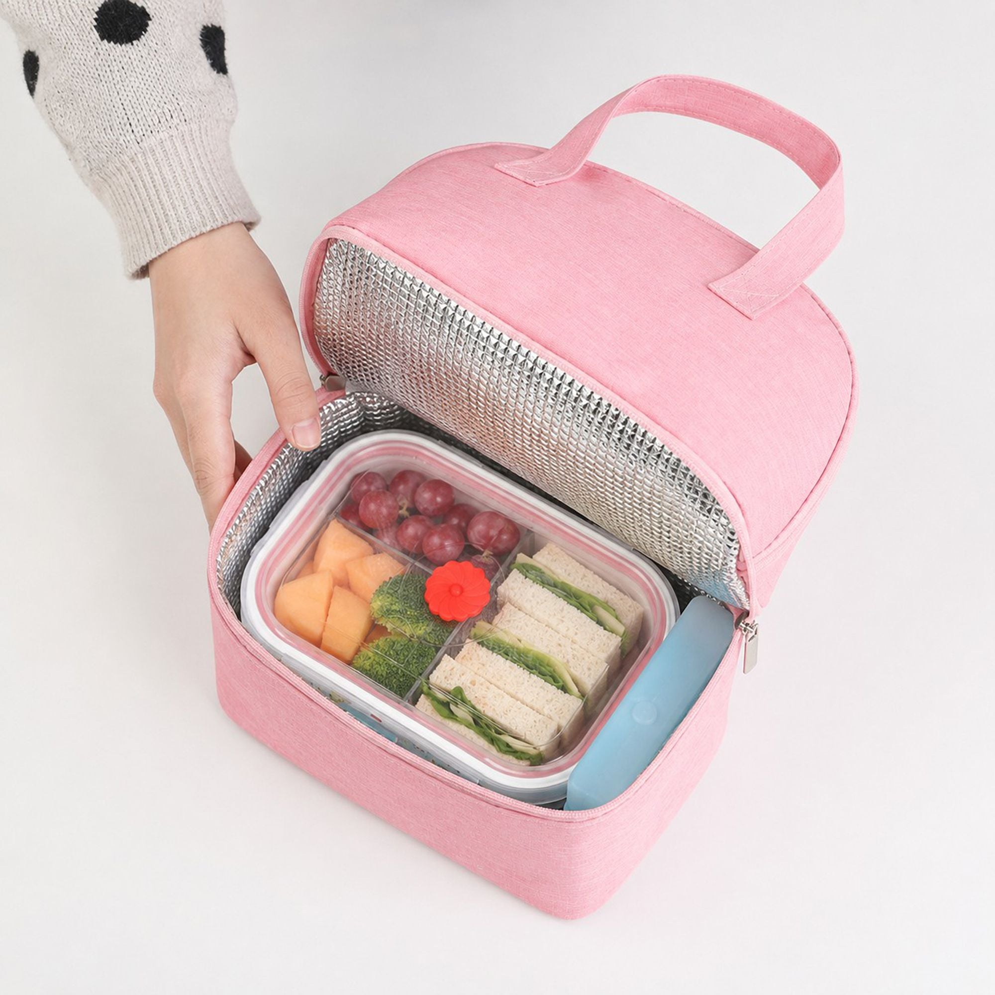 Double Compartment Insulated Lunch Bag with Top Handle and Zipper Closure