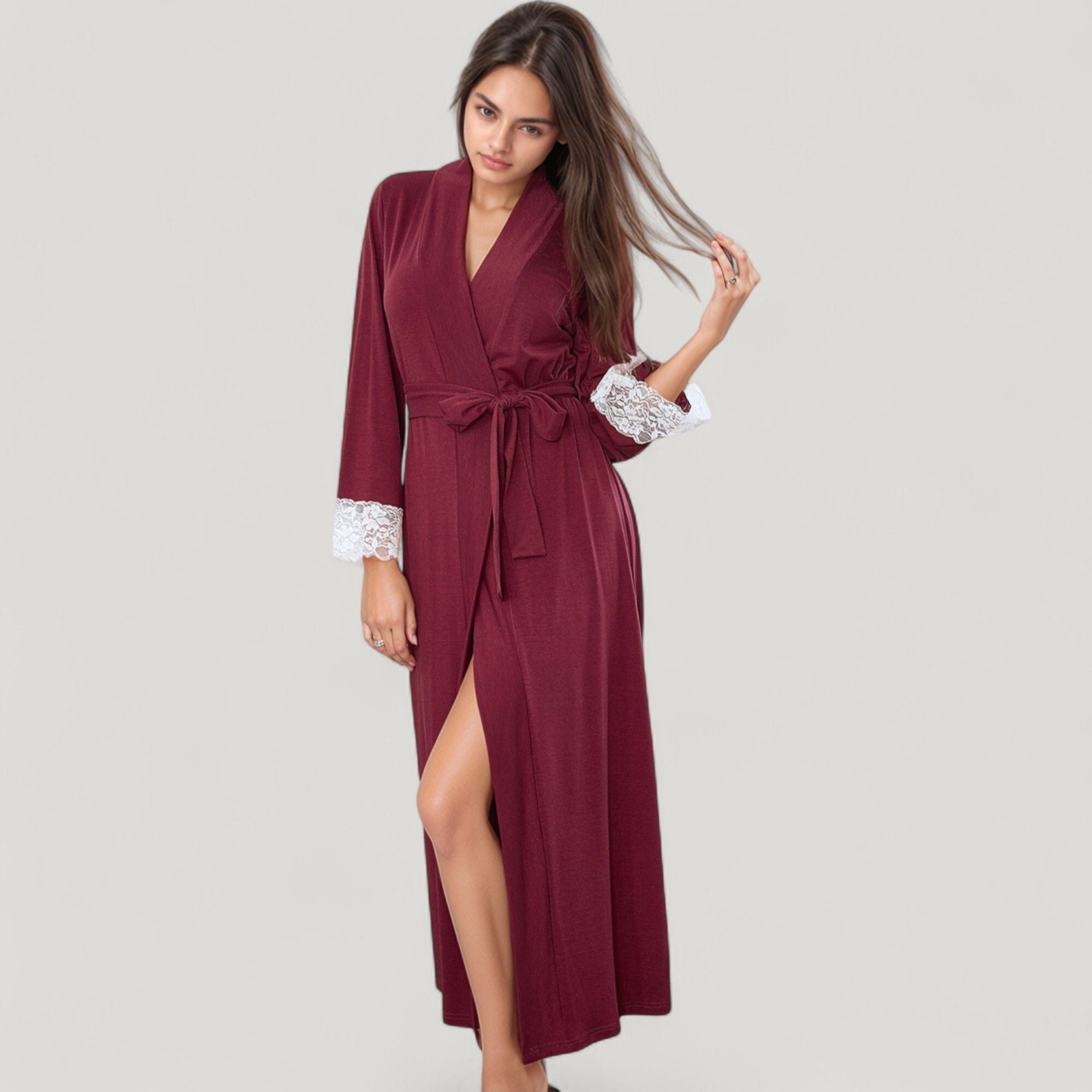 Anna-Kaci Lounge Women's Long Wrap Robe with Waist Tie and Contrast Lace Trim Sleeves