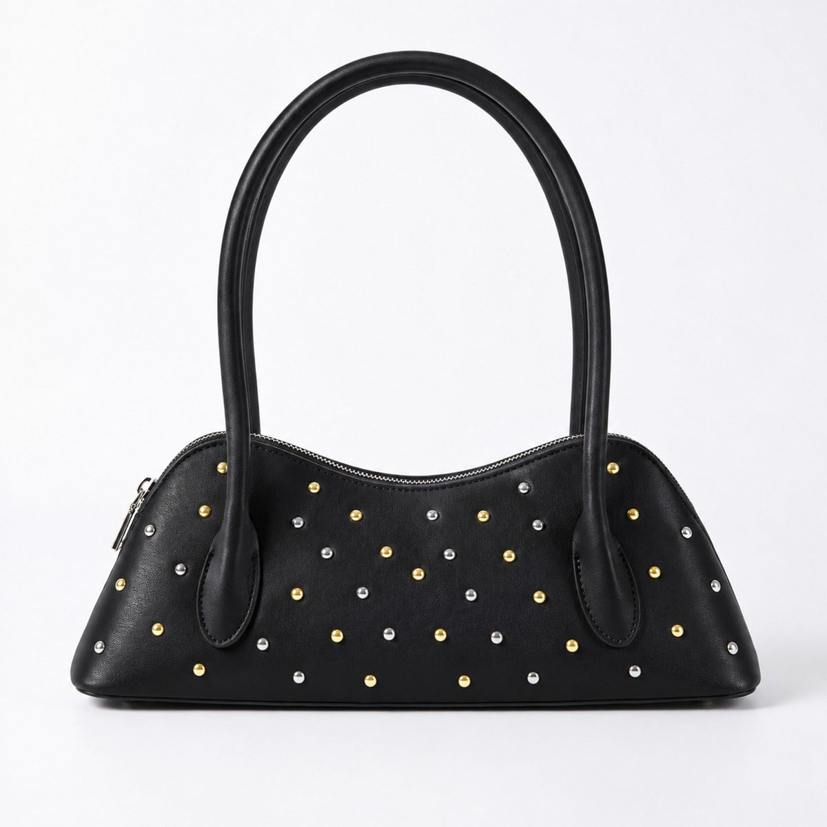 Studded Satchel Handbag with Long Handles Zip Closure and Interior Pocket