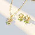 Women's Floral Necklace and Earring Set with Pearl Center and Crystal Petal Details 15.5+2in