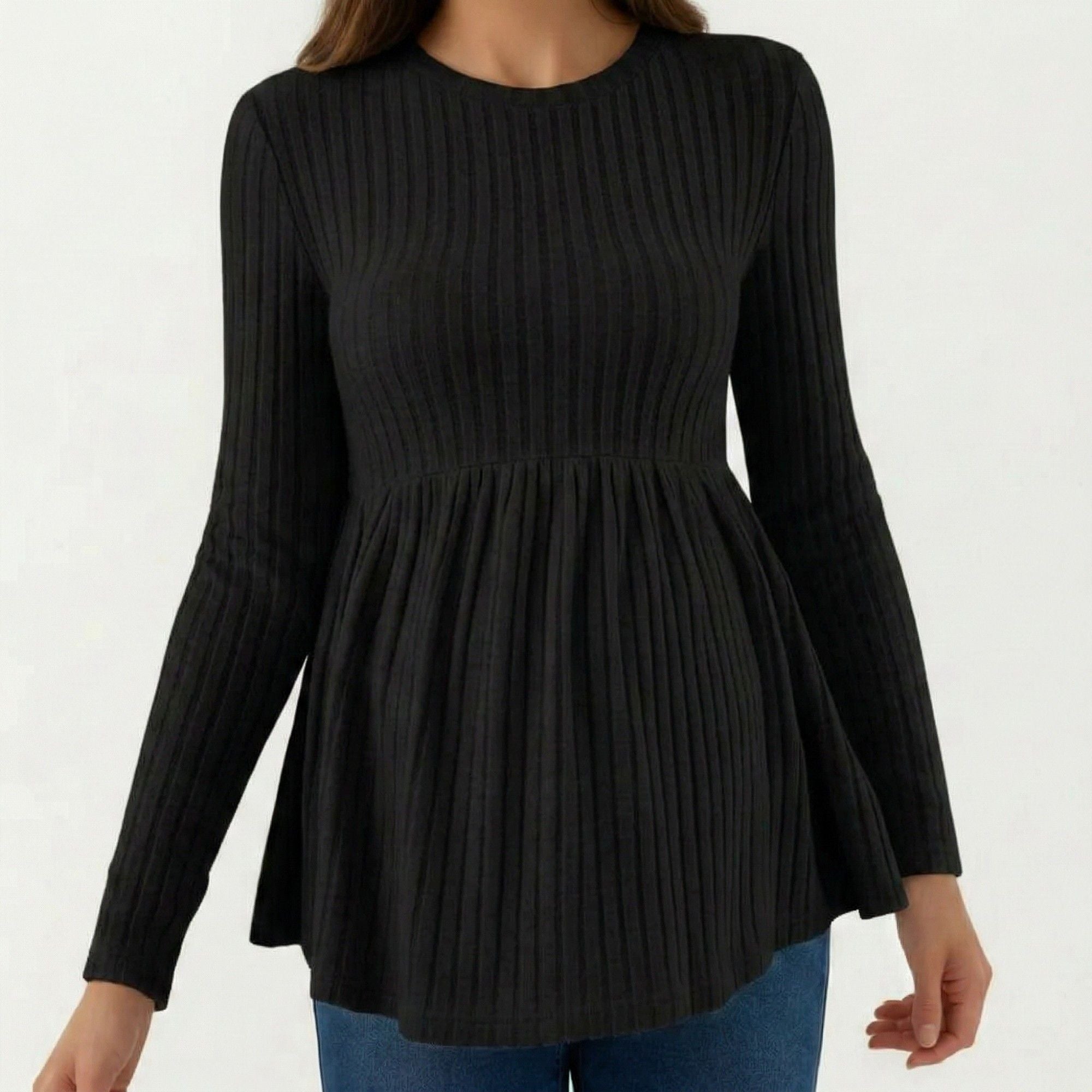 Anna-Kaci Maternity Ribbed Long Sleeve Babydoll Shirt ¨C Empire Waist Peplum Top