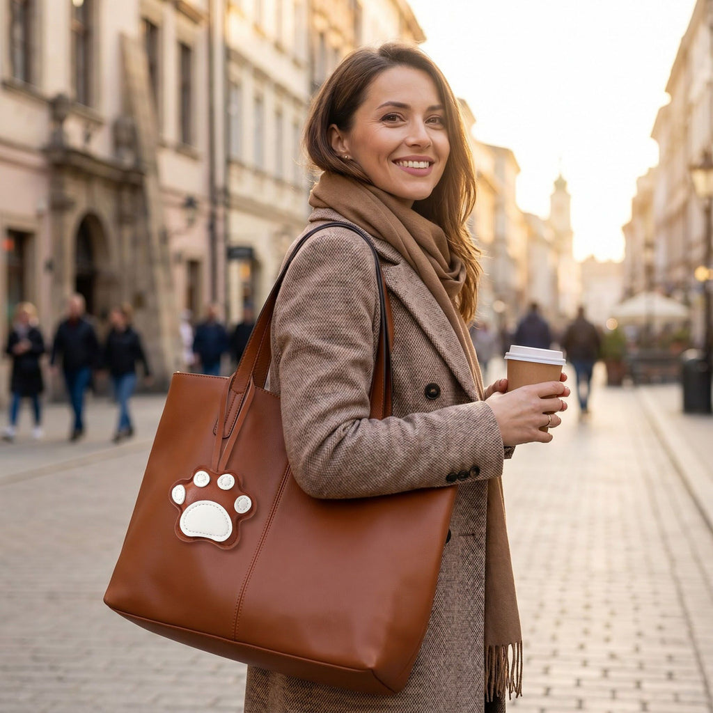 2-Piece Womens Faux Leather Paw Print Bag Charm with Long Hanging Strap and Padded Detail