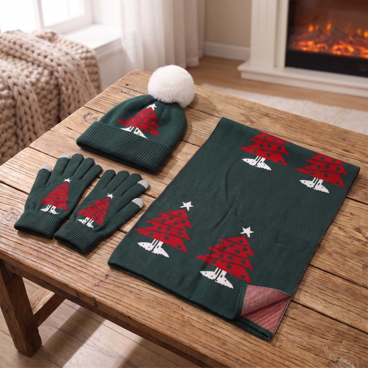 3 Piece Christmas Tree Beanie Scarf and Touchscreen Gloves Set