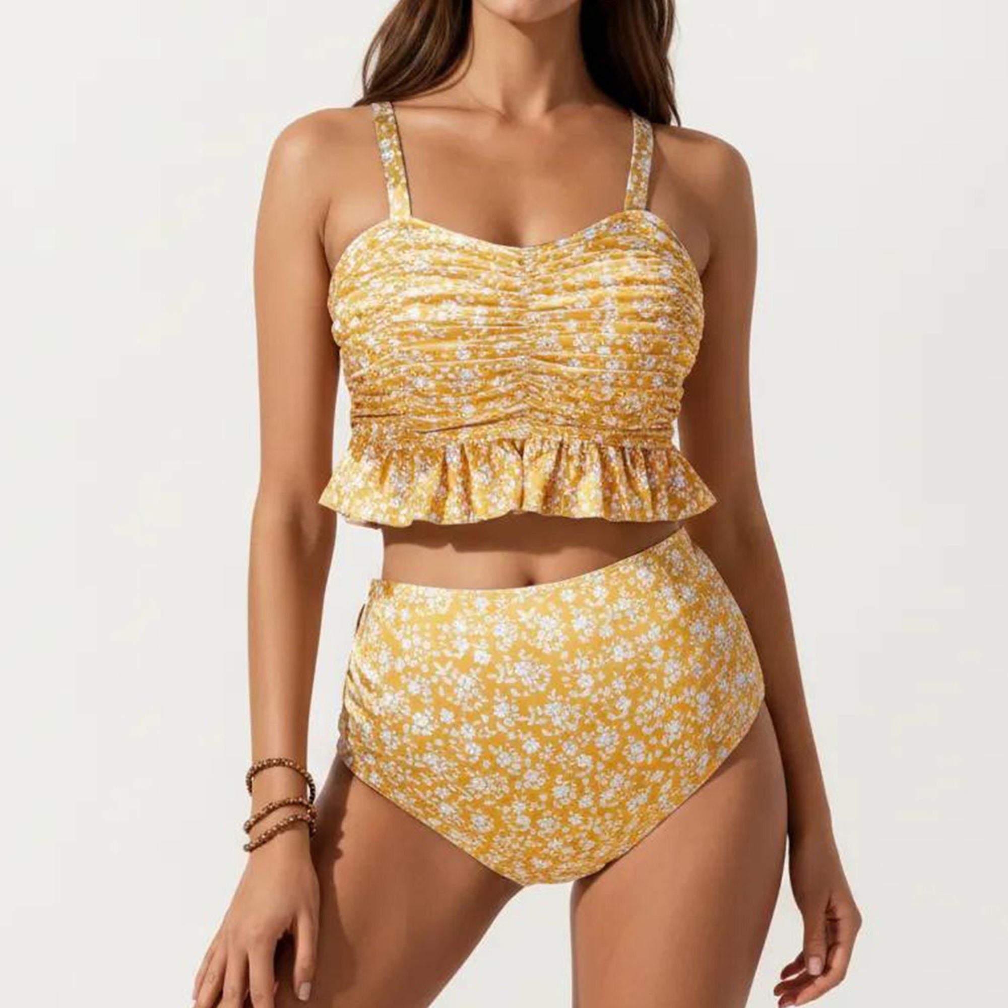 Anna-Kaci Swim Women's Floral Print Ruffled Maternity Bikini Set with High-Waisted Bottoms