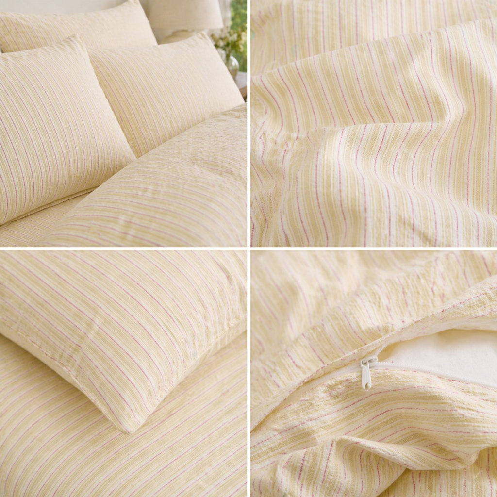 4-Piece Cotton Washed Bedding Set with Duvet Cover Flat Sheet and Pillowcases Striped Woven Design