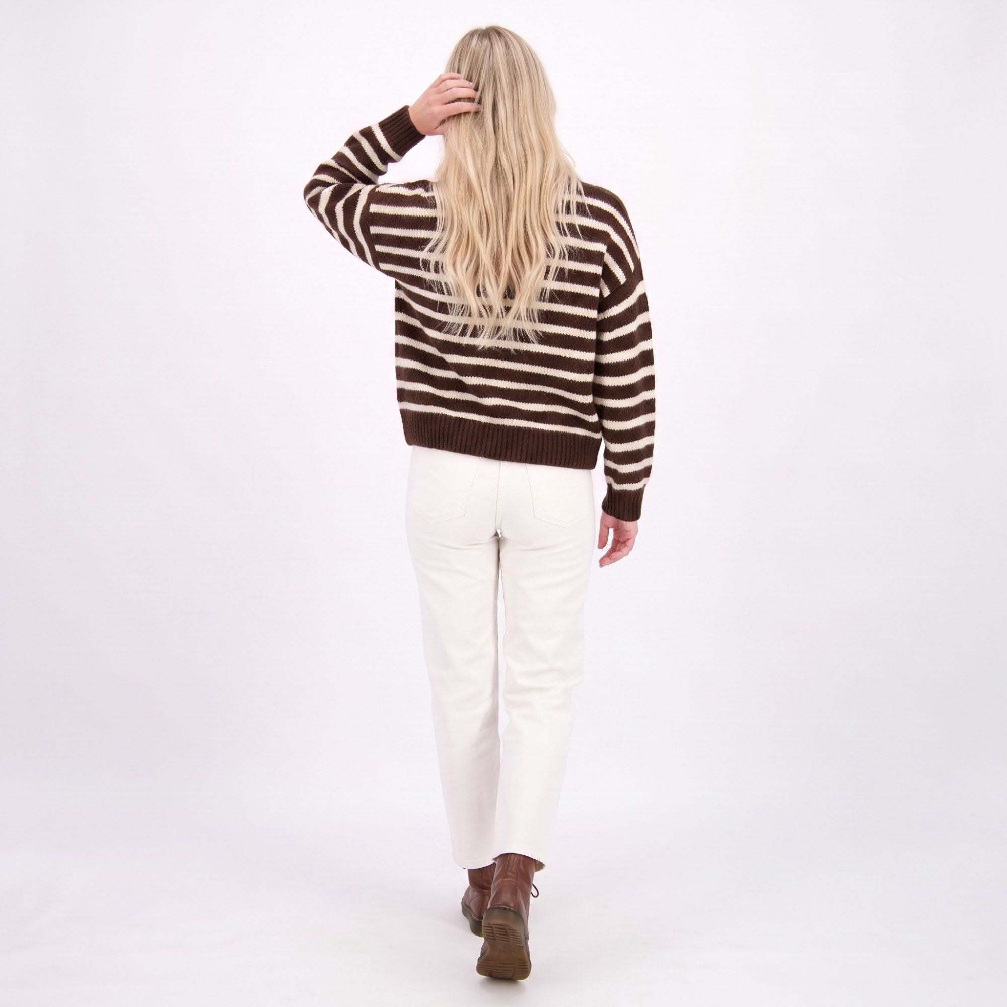 Striped Button-Front Crew Neck Knit Cardigan