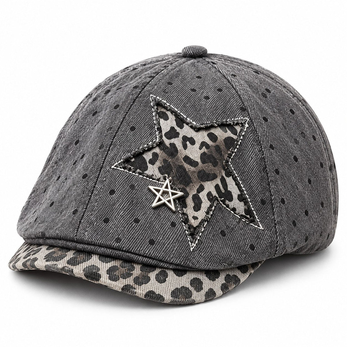 Polka Dot Newsboy Cap with Leopard Print Star and Charm