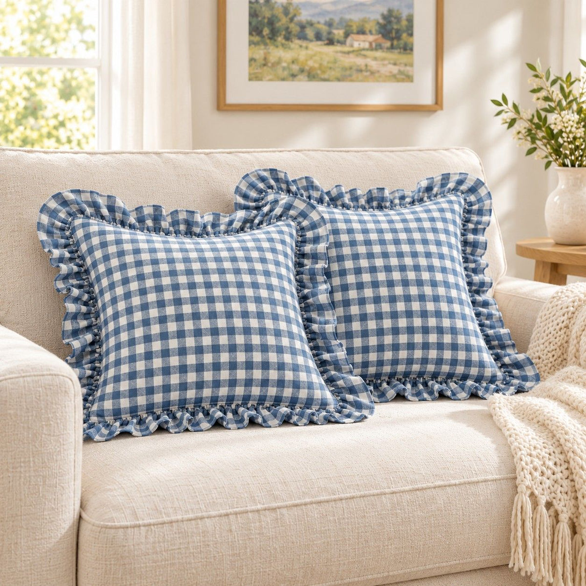 2 Pack Gingham Check Ruffle Throw Pillow Covers 18 x 18 Inch