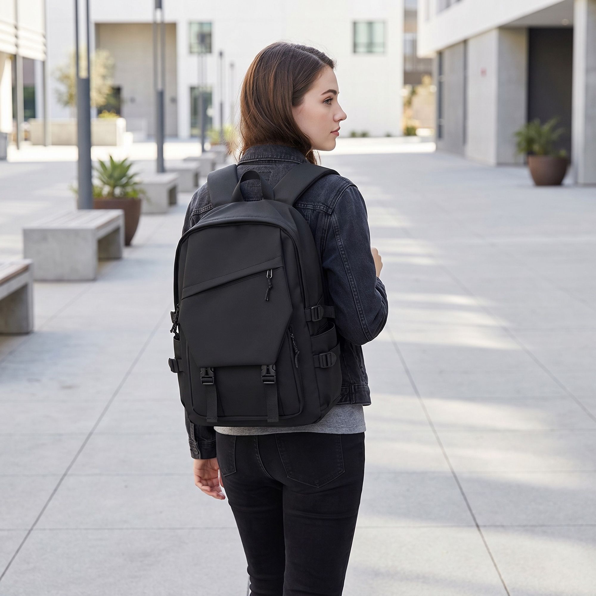 Large Laptop Backpack with Front Flap Pocket Buckle Straps Side Pockets and Padded Shoulder Straps
