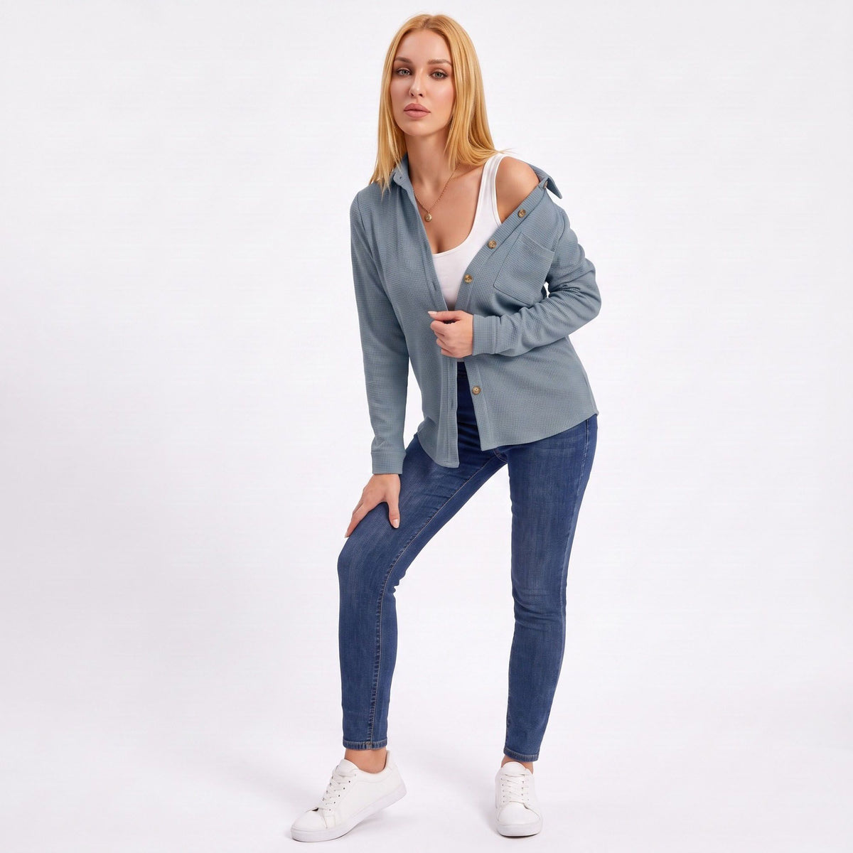 Textured Button Front Long Sleeve Shirt with Chest Pocket