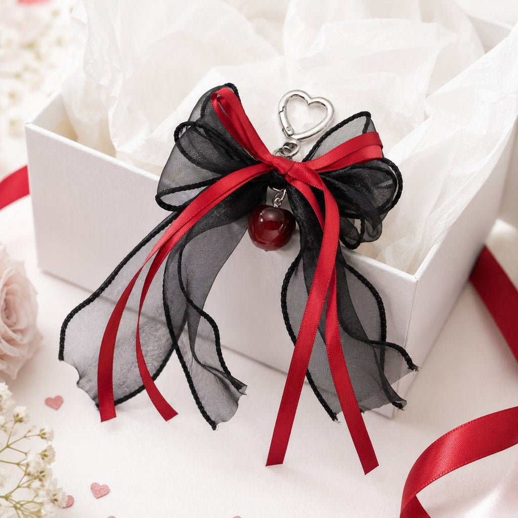 Lace Bow Bag Charm Keychain with Cherry Accent and Metal Ring Clasp