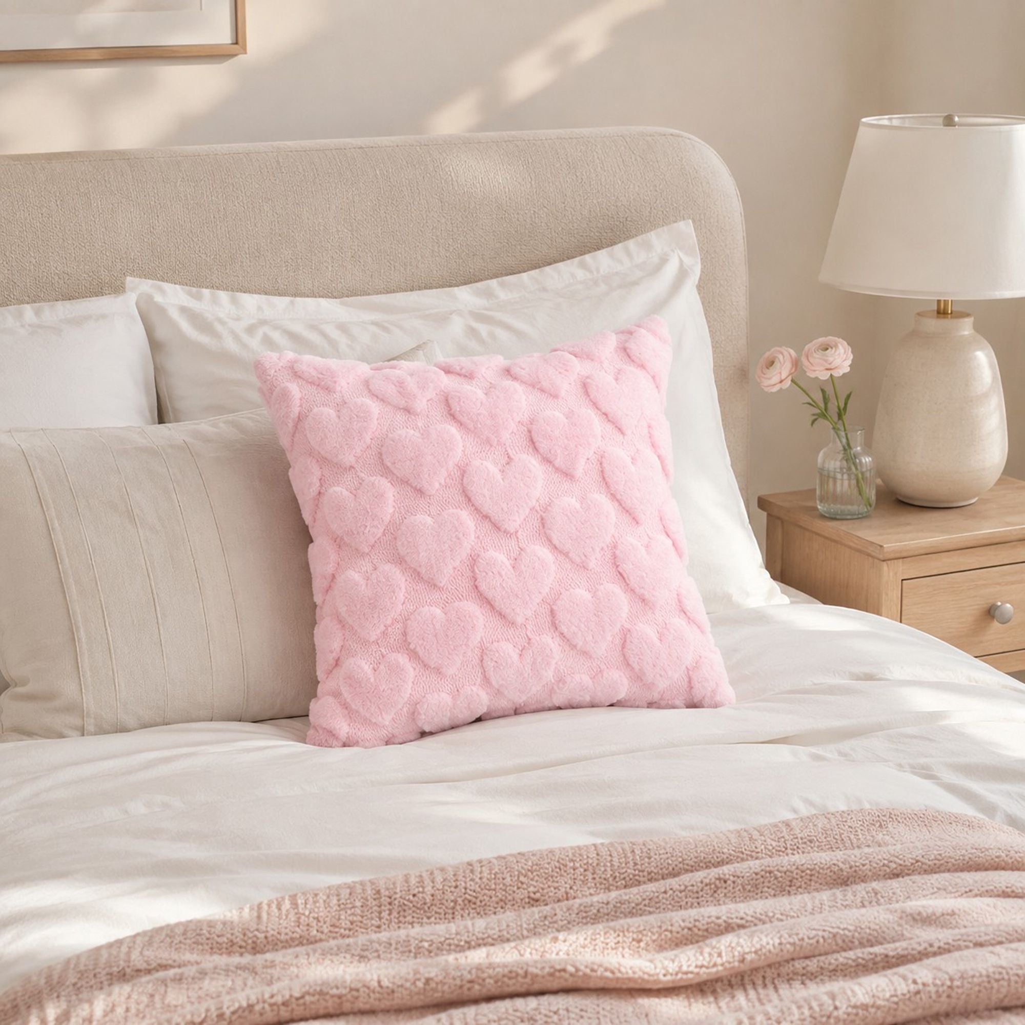 Plush Heart Textured Throw Pillow Cover for Couch Bed and Chair