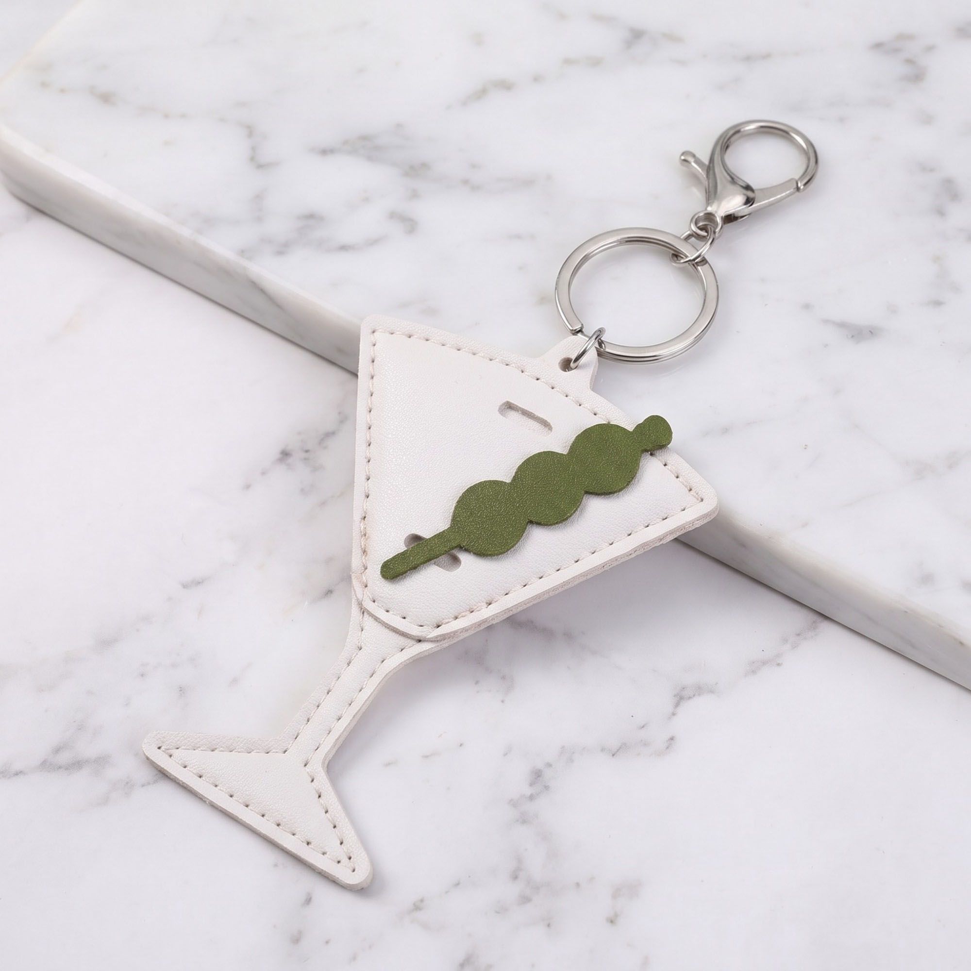 2-Piece Womens Faux Leather Bag Charm Keychain with Metal Clip Ring and Stitched Detail