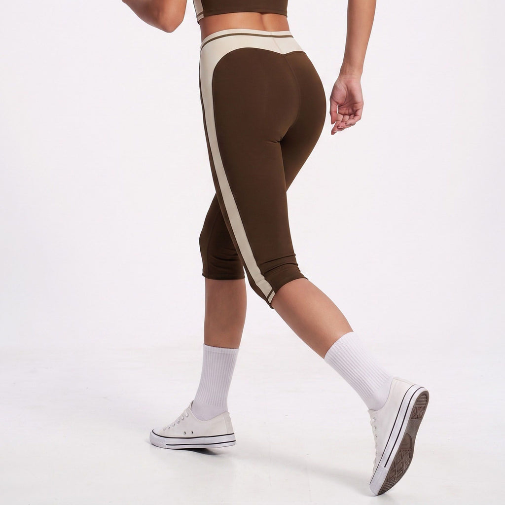 Colorblock High Waist Capri Leggings Fitted Cropped Yoga Pants for Running Gym Training