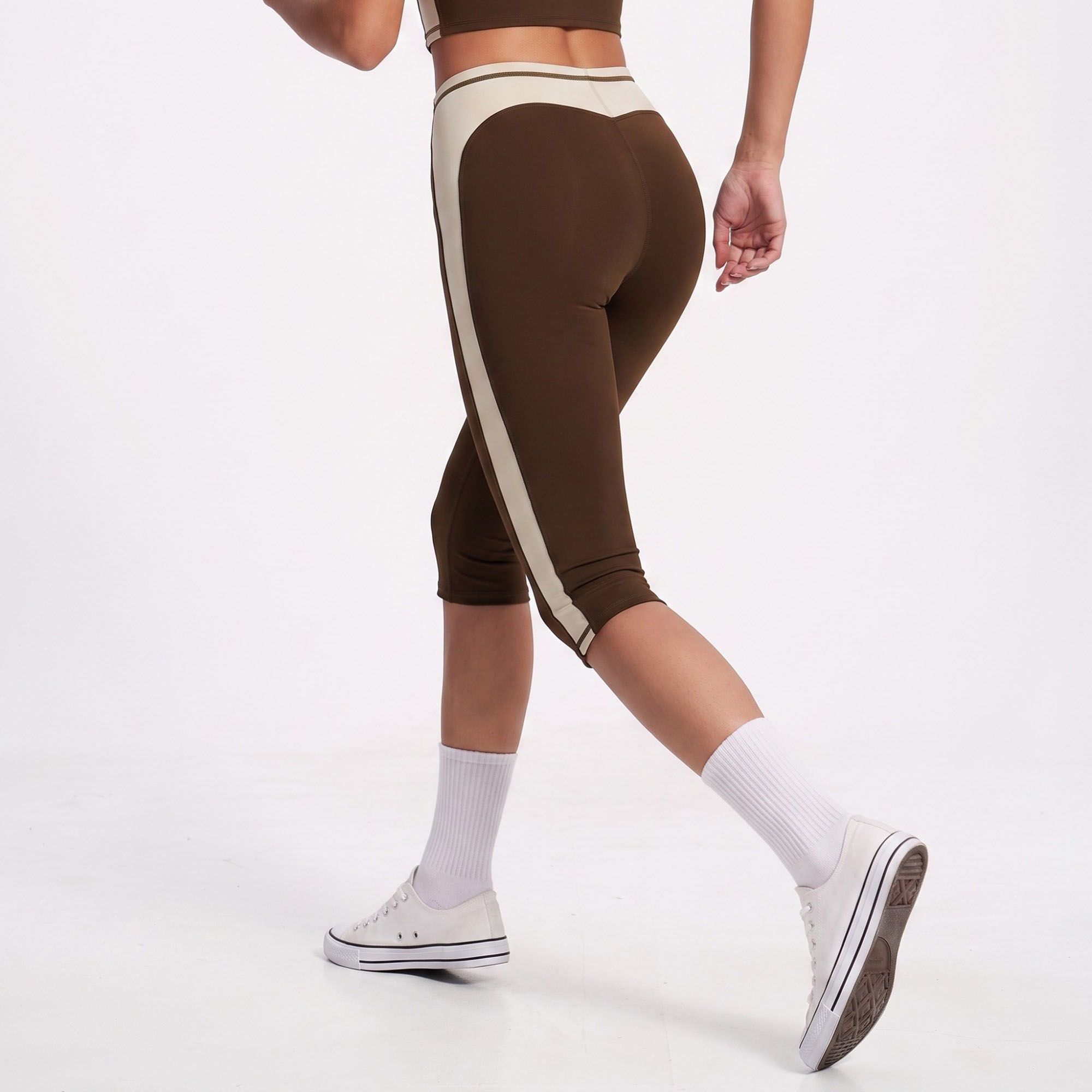 Colorblock High Waist Capri Leggings Fitted Cropped Yoga Pants for Running Gym Training