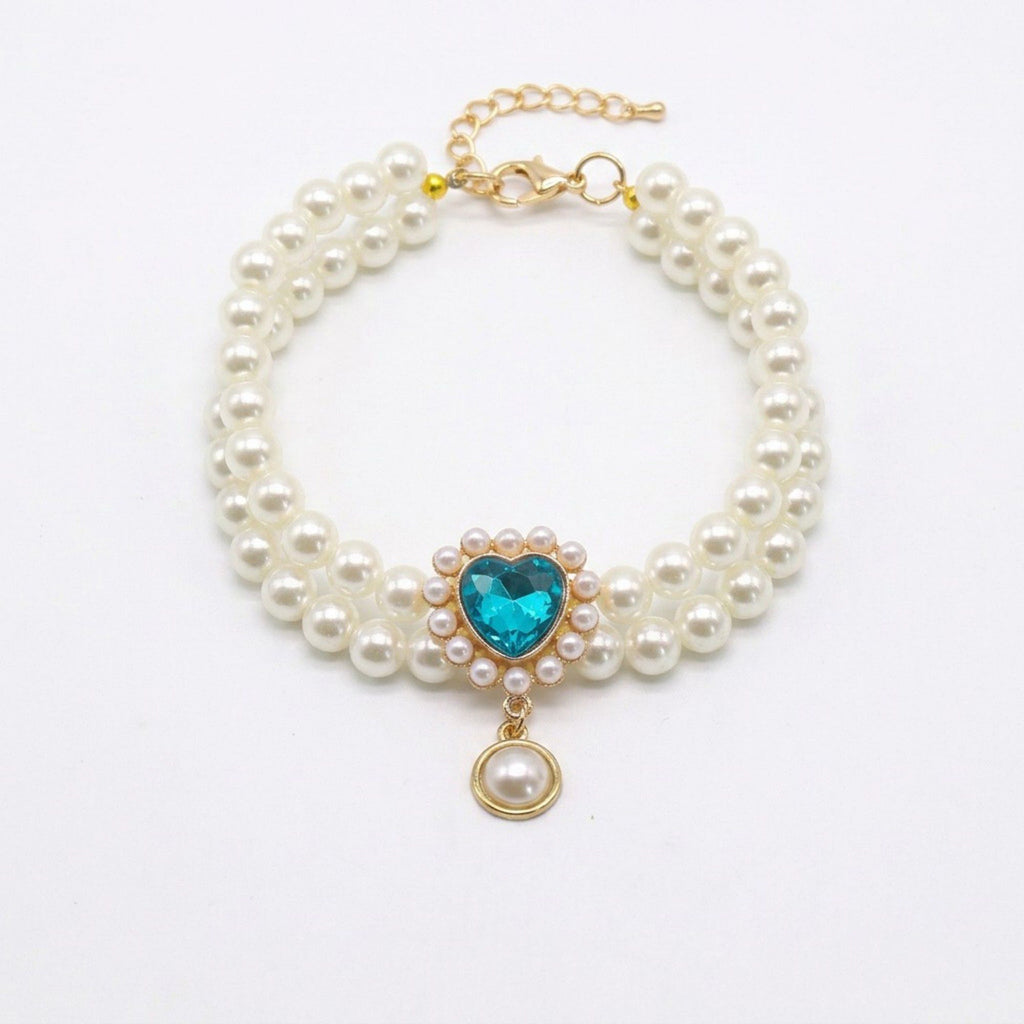 Double Strand Faux Pearl Pet Necklace Heart Gem Pendant Adjustable Collar Jewelry for Cats and Small Dogs