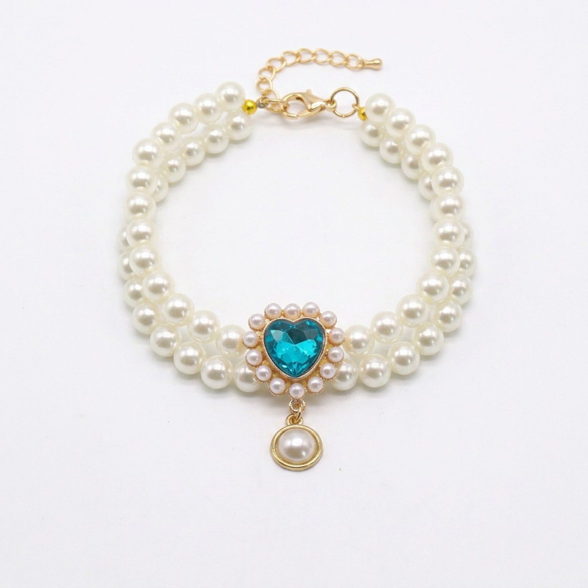 Double Strand Faux Pearl Pet Necklace Heart Gem Pendant Adjustable Collar Jewelry for Cats and Small Dogs