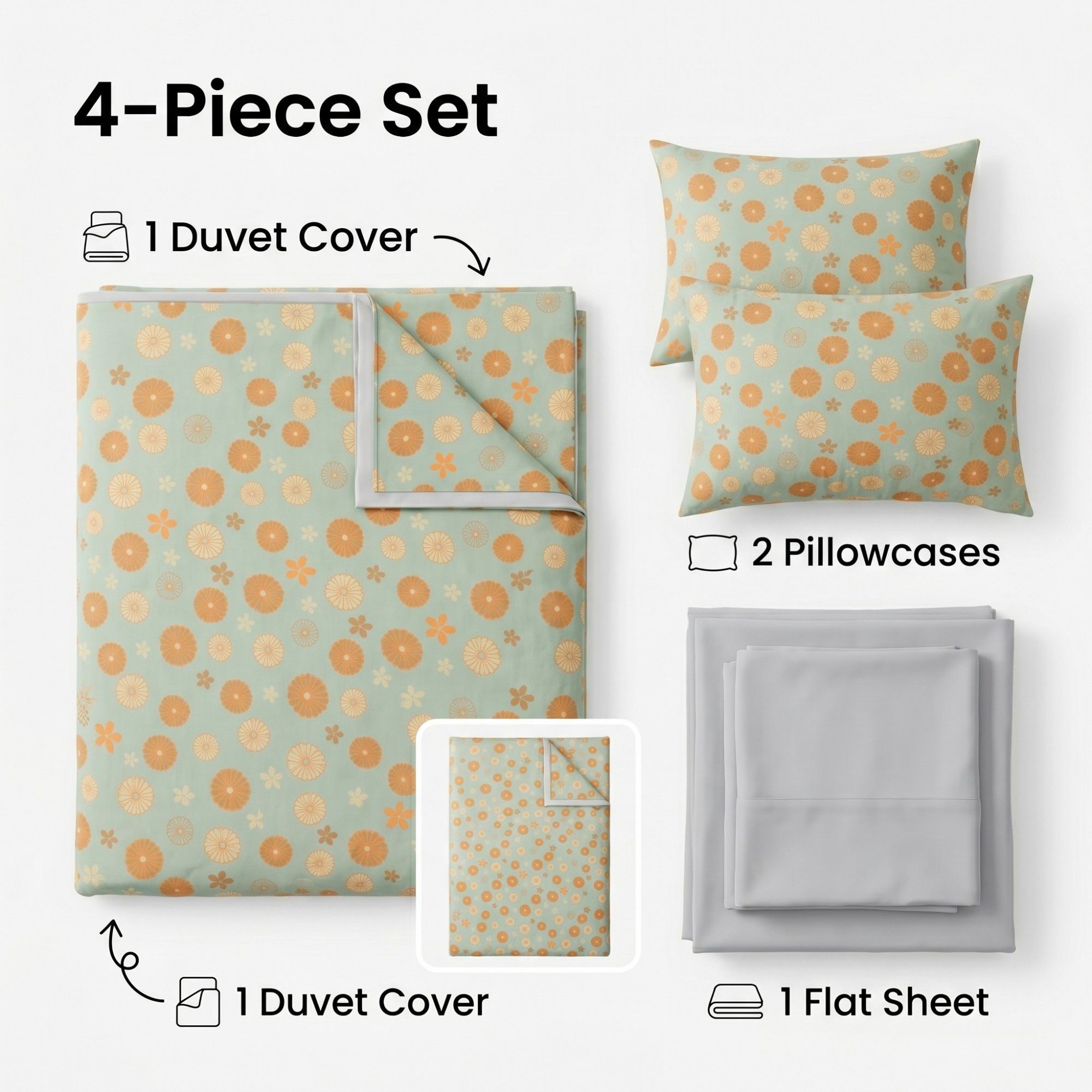 4-Piece Cotton Bedding Set with Floral Pattern Duvet Cover, Pillowcases, and Flat Sheet